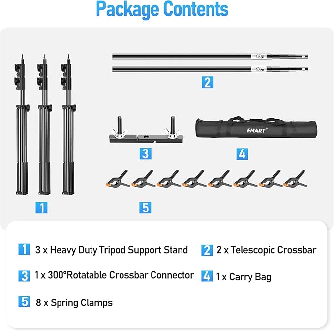 EMART Back Drop Adjustable Stand, 10x20 Backdrop Stand Heavy Duty Photography Background Support System Kit with 300° Angle Rotatable Connector and 8 Spring Clamps for Parties, Wedding, Photo Studio