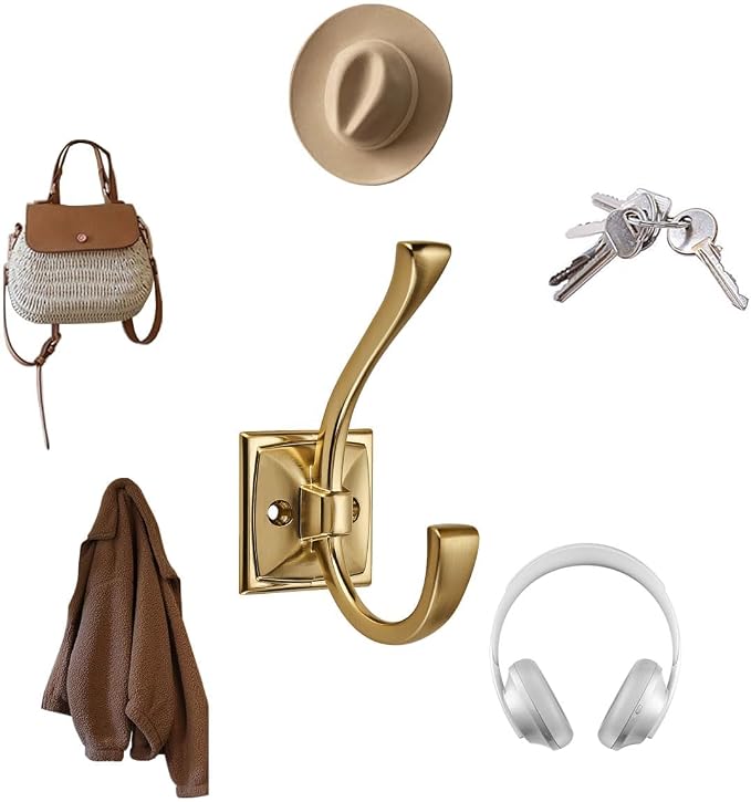 3 Pack Decorative Heavy Duty Towel Hooks for Hanging Robe Double Champagne Bronze Coat Hooks Wall Mounted with Screws for Key, Towel, Bags, Cup, Hat