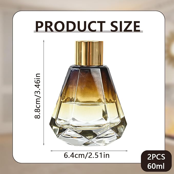 2Pcs 60ml/2oz Empty Refillable Amber Diamond Shape Glass Diffuser Bottle with Gold Lid Essential Incense Oil Diffuser Jars Fragrance Scent Diffuser for Home Office Shelf Decor (Exclude Sticks)
