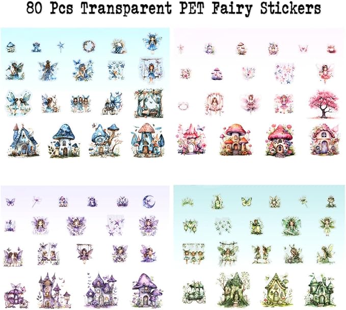 Dwpetzo Scrapbook Fairy Stickers for Scrapbooking Supplies, 80 Pcs Transparent PET Forest Mushroom House Scenery Stickers Ephemera for Junk Journals, Journaling, Collage, Art Crafts