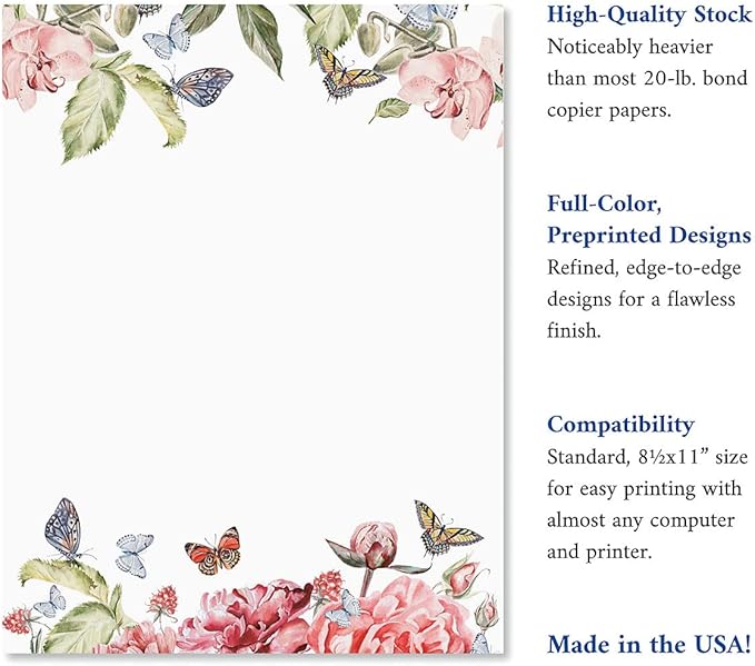 Current Flutter of Floral Letter Paper - Spring Stationery Papers With Decorative Flower Border, Printable Holiday, Wedding & Bridal Shower, & Invitation Sheets, Set of 25, 8 1/2" x 11"