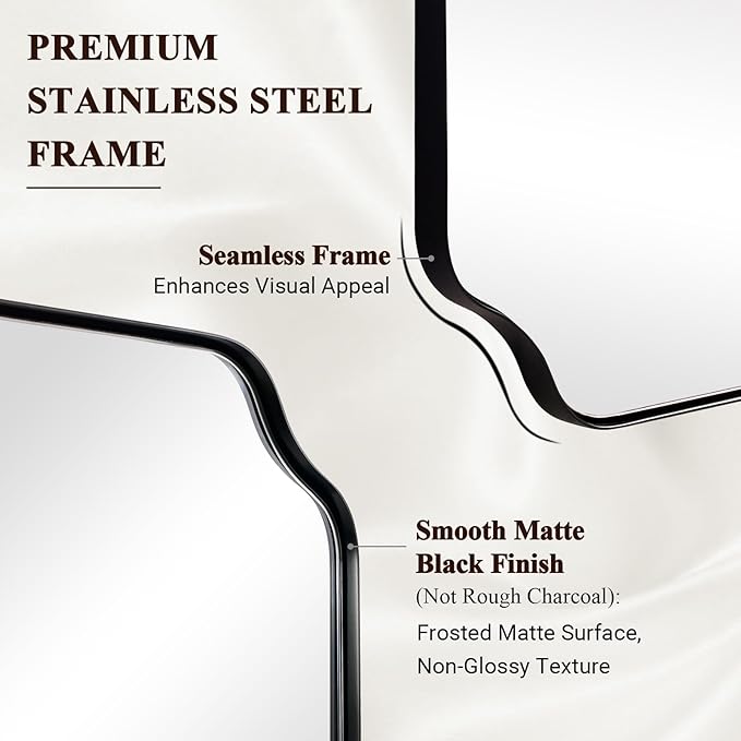 ANDY STAR 20"x30" Matte Black Mirror, Bathroom Vanity Mirror, Modern Scalloped Mirror in Premium Stainless Steel Thin Frame, Unique Rounded Notched Corners, Compact Size for Small Bathroom Remodel