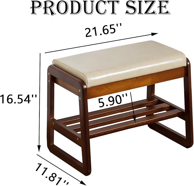 latifolia Solid Wood Bench, Entryway Shoe Bench with Cushion, 2 Tier Shoe Storage Organizer for Hallway, Living Room(Grey,21.65''L)