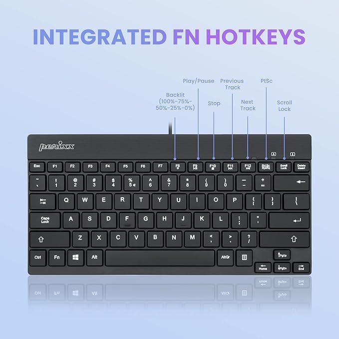 Perixx PERIBOARD-326 Wired Mini Backlit USB Keyboard with Low Profile Keys, US English Layout (11607)