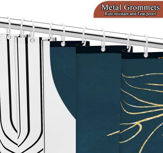 Mid Century Boho Shower Curtain, Abstract Modern Sun Minimalist Aesthetic Shower Curtain, Bohemian Geometric Arch Curve Leaves Neutral Art Fabric Bathroom Curtains Blue 72x84 inch