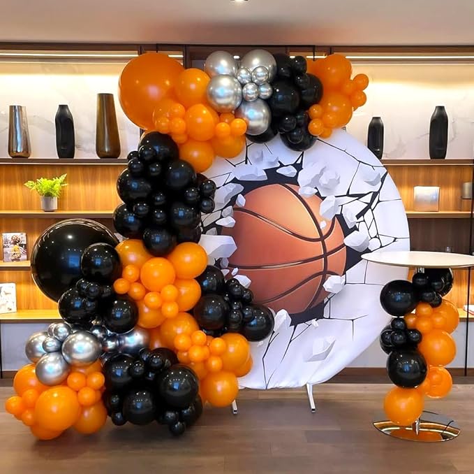 Orange and Black Balloons Arch Kit, 162pcs Orange Black White Metallic Silver and Confetti Balloons for Basketball Theme Birthday Halloween Trick or Treat Fall Party Decorations
