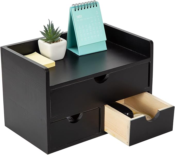 ExoLiry Black Bamboo Desk Organizer Wooden Storage Cabinet 3 Drawers with Shelf Tabletop Organization Box Home Office Workspace Bathroom Toiletries Supplies Caddy Vanity Makeup Stationery Holder