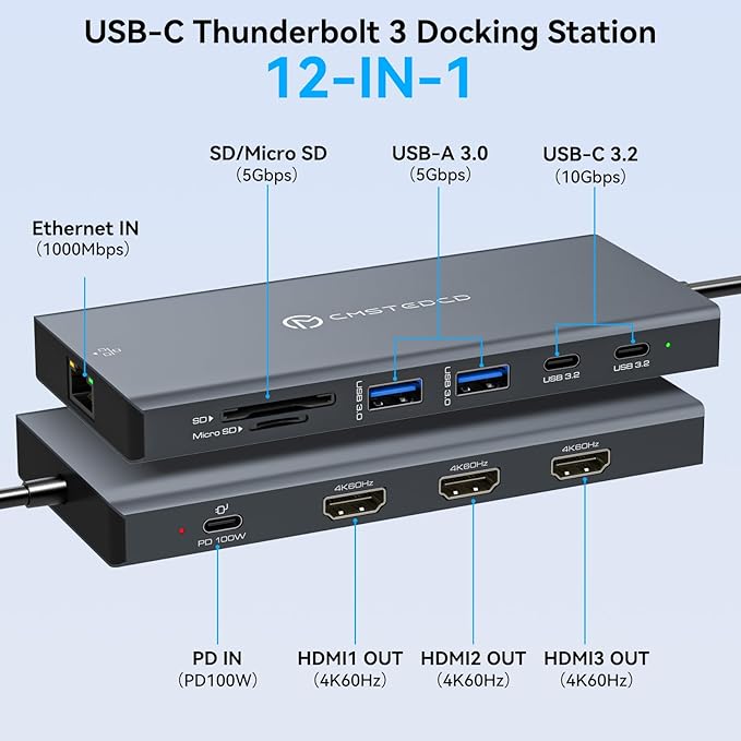 DGYBDFC USB C Laptop Docking Station 3 Monitors 100W PD 4K60Hz 12 in 1 Triple HDMI Docking Station Dual Monitor USB C Hub Multiple Adapter, 2xUSB-C 3.2, 2xUSB-A 3.0, SD Card Slot, 1000Mbps Ethernet