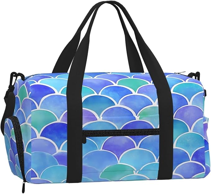 Sports Gym Bag Mermaid Scales Blue Purple Travel Duffel Bag With Shoe Compartment Shoulder Strap, Lightweight Water-Resistant Weekend Overnight Totes For Women Men
