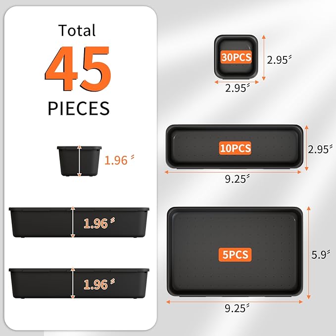 Giklux 45 Pack Desk Drawer Organizer Tray, 3 Sizes Plastic Drawers Organizer Storage for Kitchen, Bathroom, Office, Vanity, Makeup, Utensils, Junk Drawer Organizer Bins, Gadget Trays for Organizing.