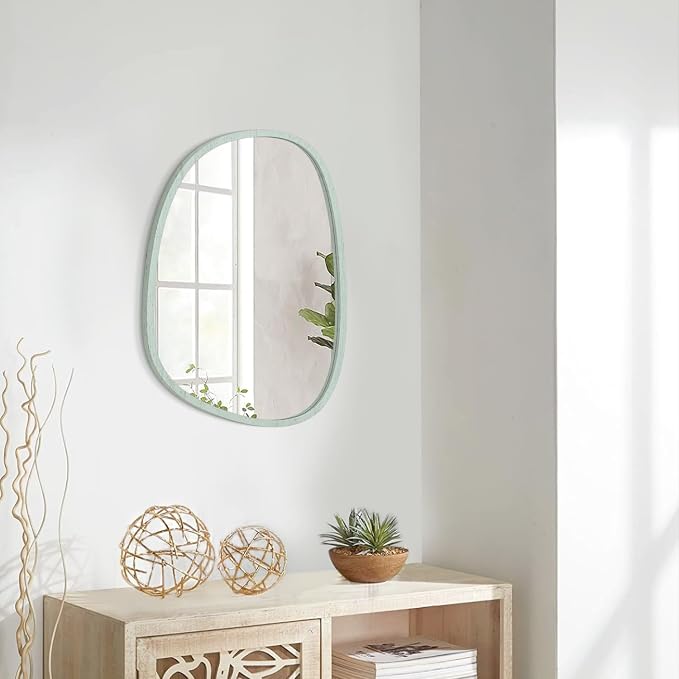 Green Wall Mirror Asymmetrical Irregular Wood Frame Mirror for Wall Unique Modern Wall-Mounted Artistic Oval Shape Small Mirror Decor for Bedroom Living Room Bathroom Entryway Hallway Vanity