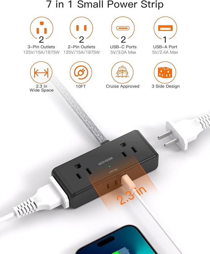 Extension Cord 10 ft, BESHON Flat Plug Power Strip, 4 Widely Outlets with 3 USB Ports (2 USB C), Extension Cord with Multiple Outlets for Home, Office, Dorm Room Essentials, Black