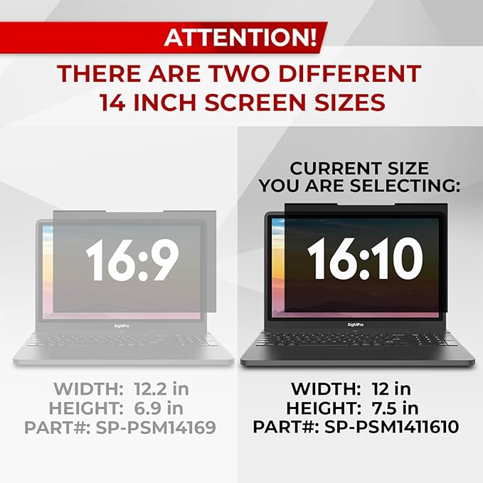 SightPro Magnetic Laptop Privacy Screen 14 Inch 16:10 - Removable Computer Privacy Filter Shield and Protector