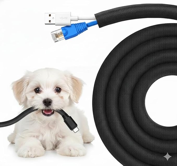 Dog and Cat Cord Protector – Pet-Proof Cable Guard for Wires and Cords – Prevents Pets from Chewing and Damaging Cables – Flexible & Durable – 10ft, 1/2in Diameter, Black (Self-Sealing Design)