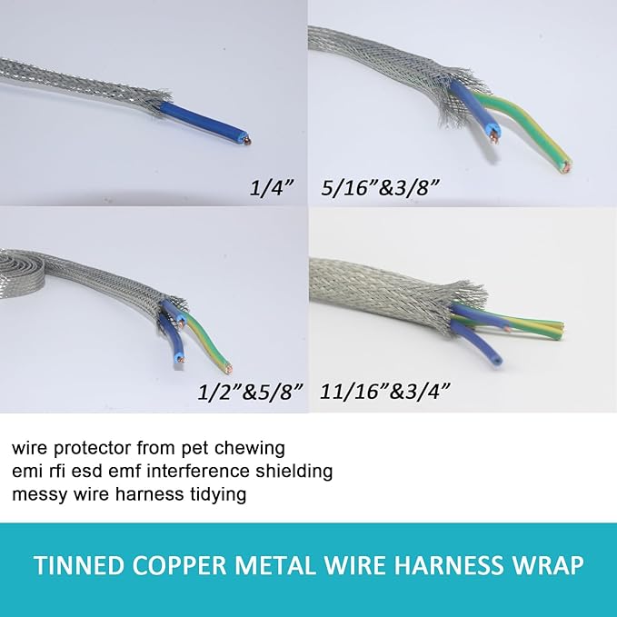 Tinned Copper Braided Cable Shielding Sleeve Metal Wire Loom Sheathing EMI RFI ESD Protector Grounding Mesh Flat Tubular Expandable 1/4" W(0.16" ID)-35FT