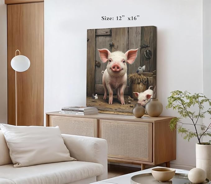 Farmhouse Pig Wall Art,Rustic Pig Canvas Prints Painting,Farm Animal Wall Art Country Bathroom Decor Print Painting Framed Artwork for Bedroom Kitchen12 X16