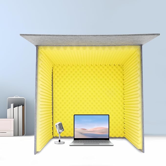Desktop Soundproof Cover 31" H X 31" W X 31" L Recording Booth Portable Vocal Recording Booth with Double Sound Insulation Vocal Sound Absorbing Shield for Recording Studios, Offices（Yellow+Gray）