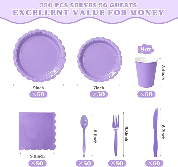 Vyntra 350 PCS Disposable Plates for Party, Paper Plates & Napkins Set with Cups, Knives, Forks, Spoons, 7'' Dessert and 9'' Dinner Plates for Birthday, Bridal & Baby Shower - Lavender/Light Purple