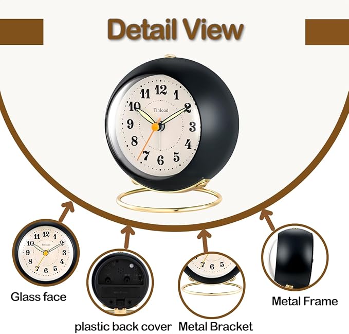 Tinload Analog Alarm Clock, Retro Simple Design Small Desk Clock with Manual Light, Battery Operated, Snooze, for Kids,Bedroom,Travel,Kitchen,Bedside Desktop(Black)