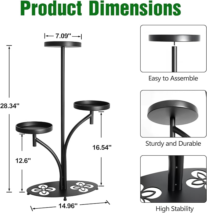 3 Tier Metal Plant Stand Indoor Outdoor, Tall Black Plant Shelf, Heavy-duty Base in the Shape of a Four-leaf Clover, Tiered Modern Corner Shelf, Suitable for Courtyard, Patio, Living Room, (2 Pack)