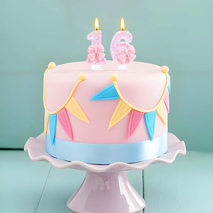 Number 16 Candle Pink Sequins and Bowtie 16th Cake Topper, 16 Birthday Candle for Girls Pastel Sweet Theme Birthday Party or Adults Milestone Age Decoration