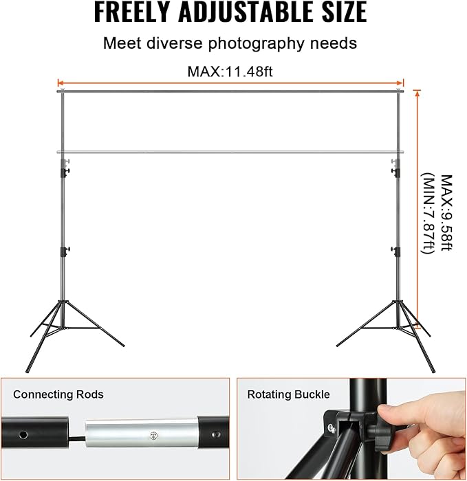 VEVOR 11.5 x 9.6 ft Heavy Duty Backdrop Stand, Height Adjustable Photography Backdrop Stand, Background Support System with 6 Clamps and A Carry Bag, for Party, Wedding, Display, Photo