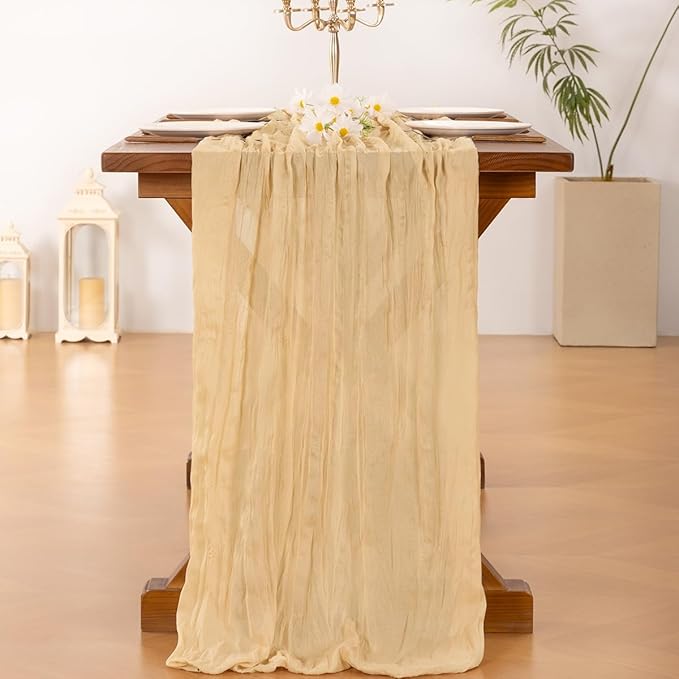 Socomi 3pcs Gold Champagne Cheesecloth Table Runner Fall Thanksgiving Boho Rustic Gauze 120 inch 10FT Cheese Cloth Runner for Wedding Party Baby Shower Birthday Home Decor Holiday Decorations