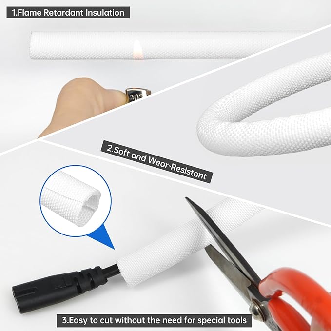 YOUBO Split Braided Cable Sleeve，Flexible Wire Loom Tubing, Automotive Cord Protector Pet Proof, Cable Management for Computer TV Electric Wires Harness 16ft (White, 19mm（3/4")