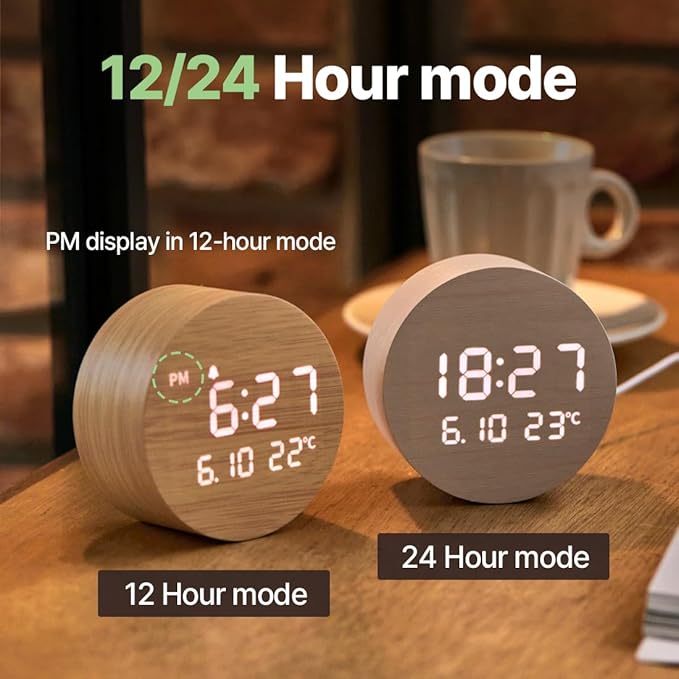 FLT Moonfall Wood Interior LED Desk Clock-Khaki (Designed in Korea)- Time, Date, Temperature Display, Customizable Alarms, Auto Brightness, Compact 3.46-Inch Size, USB Cable & Adapter Included