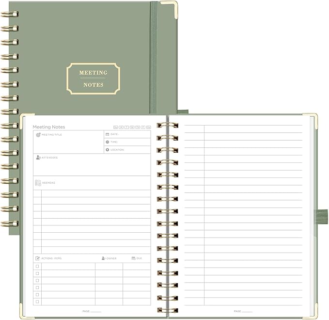 EMSHOI Meeting Notebook for Work - A5 Half Meeting Half Note Planner, 140 Pages, 100GSM Thick Paper, Hardcover, Project Organizer for Women Men Office, Business, Note Taking, 6"x8.3" - Green
