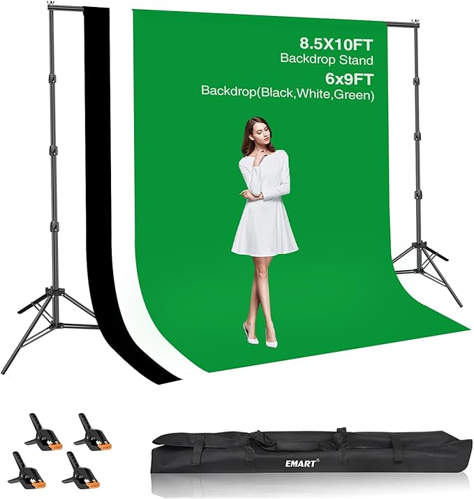 EMART 8.5x10ft Green Screen Backdrop Kit with 6x9ft Polyester Backdrop(Black/White/Green), Adjustable Photography Background Support System for Studio Photography, Parties, Wedding, Video Shooting