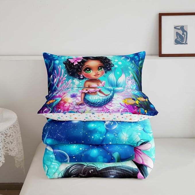 Cute Mermaid Comforter Set Twin Size,Reversible Cute Girl Fish Scale Print Black Bedding Set for Kids Boys Men,African Style Cartoon Fairy Tale Theme Quilted Duvet Set with 1 Pillowcase