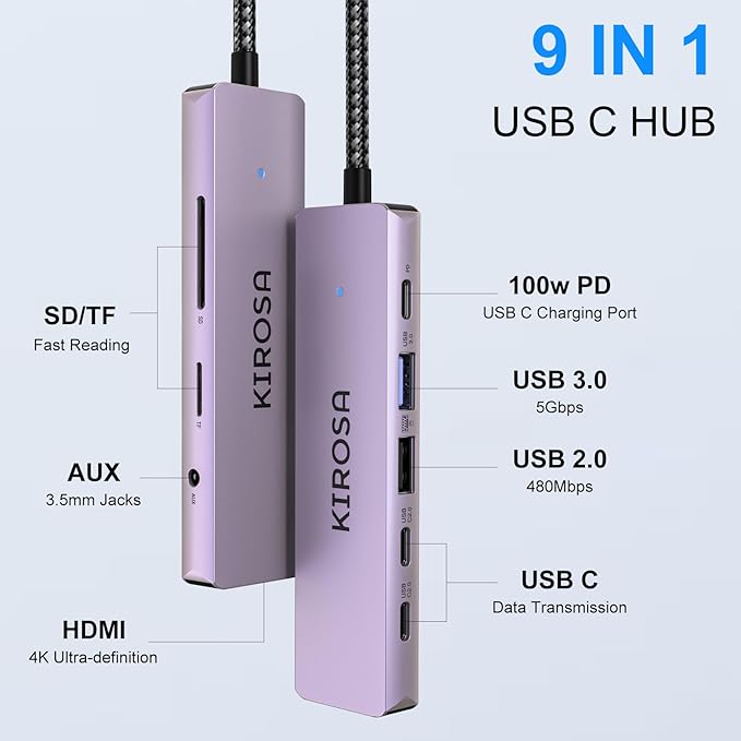 KIROSA USB C Hub: Multiport Adapter for Macbook Pro Air - 9IN1 USBC to HDMI Hub Dongle - Travel USB-C Docking Station for Laptops and Type C Devices (4K HDMI 100W PD USB3.0 SD/TF Card Reader)