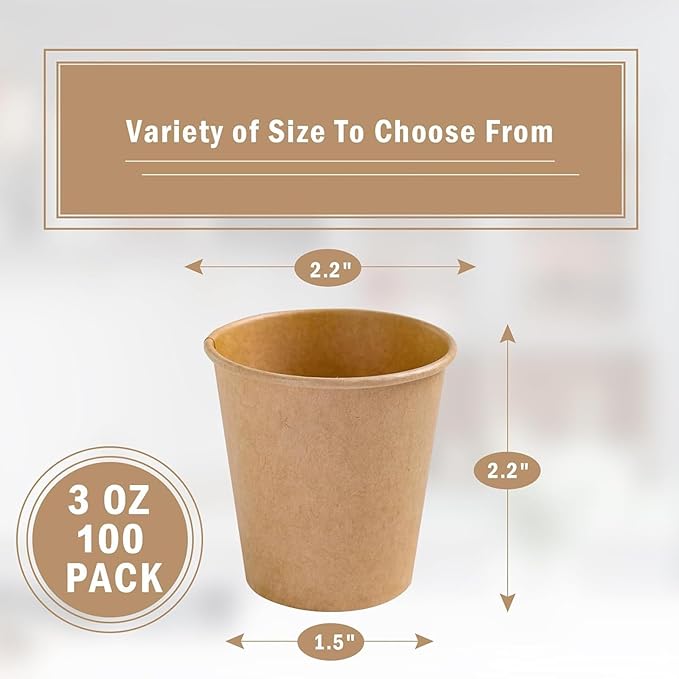 Lamosi 100 Count 3 oz Kraft Paper Cups, Disposable Paper Coffee Cups, 3 Ounce Drinking Cups, Water Cups for Party Picnic Cafe & Bar Use