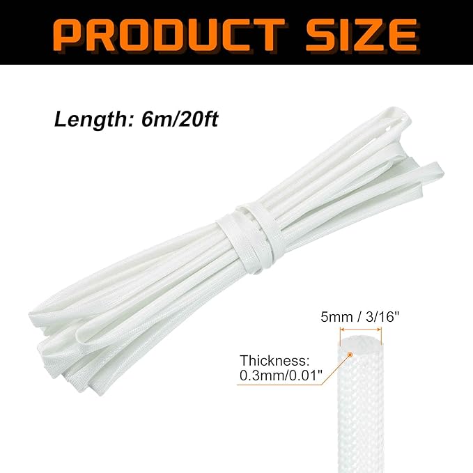MECCANIXITY 20ft Braided Cable Sleeve, 3/16" ID 200C High Temperature 1500V Fiberglass Wire Insulation Cord Protector Organizer Wires Management for Motor Engine Fuel Line, White