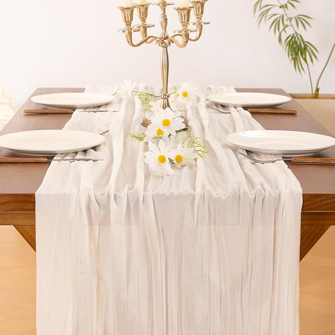 Socomi 6pcs Ivory White Cheesecloth Table Runner Fall Thanksgiving Boho Rustic Gauze 120 inch 10FT Cheese Cloth Runner for Wedding Party Baby Shower Birthday Home Decor Holiday Decorations
