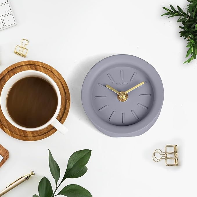 SCOAGE Retro Small Desk Analog Clock Battery Powered Vintage Table Grey Cement Bedside Shelf Mid Century Unique Cute Mini Mantel Clock Battery Operated for Office Travel Bedrooms Desktop Living Room