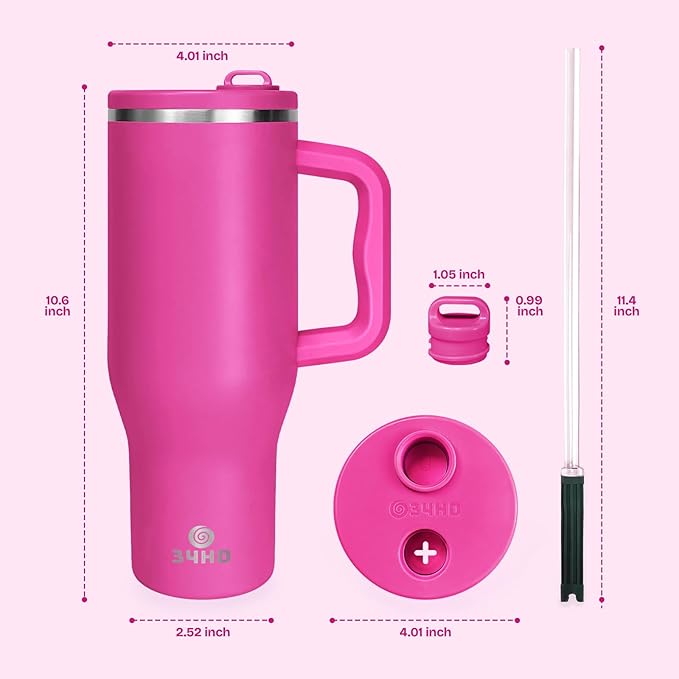 34HD 40 oz Stainless Steel Tumbler - Leakproof Insulated Water Bottle with Handle, Magnetic Lid and Flexible Straw - Iced for 48 Hours – Perfect for Men, Women, Birthday Gift, Pink - Hot Pink
