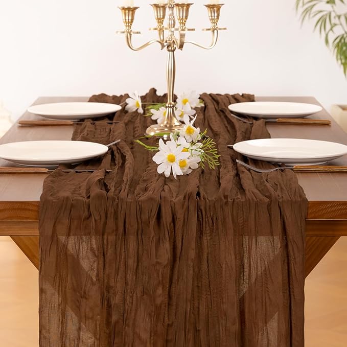 Socomi 3pcs Brown Coffee Fall Thanksgiving Cheesecloth Table Runner Boho Rustic Gauze 120 inch 10FT Cheese Cloth Runner for Wedding Party Baby Shower Birthday Home Decor Holiday Decorations