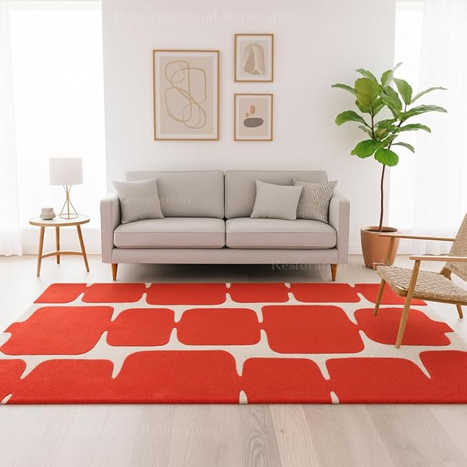Restoration and Renovation Modern Wool Area Rug - Contemporary Abstract Geometric Design, Thick & Soft Hand-Tufted Carpet - Ideal for Indoor Decor in Living Room, Bedroom (Poppy, 10' x 14')