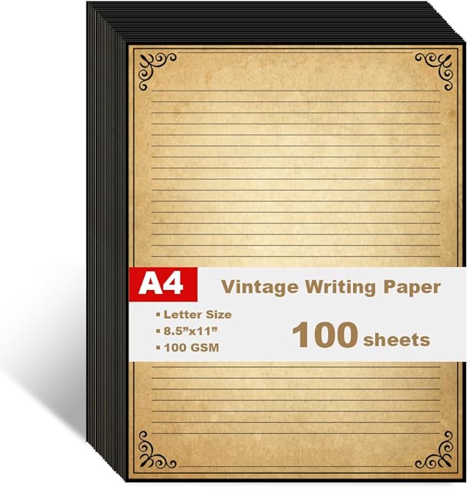 Vintage Lined Paper with Antique Border Design, 100 Sheets, Stationary Paper for Writing Letters, 100gsm, 11 x 8.5'', Aged Stationery for Writing Letters, Invitations, Stationery Writing Papers