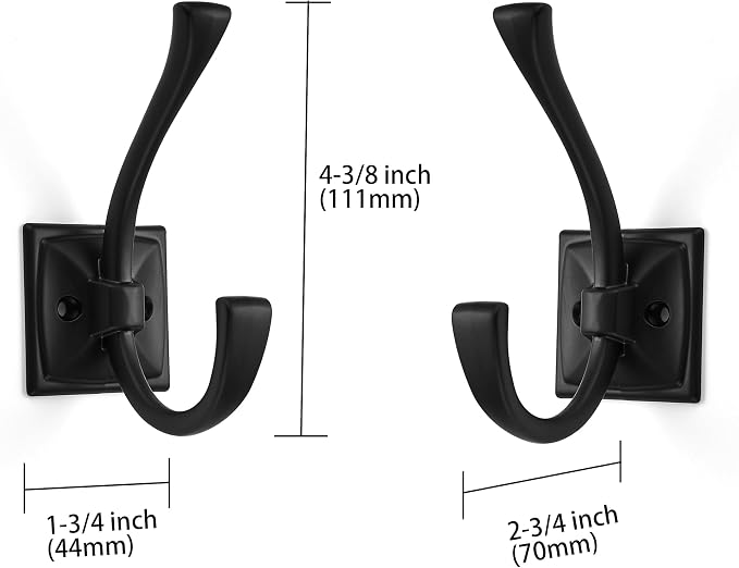 Large Wall Hooks 5 Pack Matte Black Coat Hooks Hardware Towel Hooks for Hanging Coats 4.35 Inch Double Robe Hooks Wall Mounted with Screws for Key, Towel, Bags, Cup, Hat