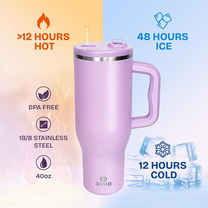 34HD 40 oz Stainless Steel Tumbler - Leakproof Insulated Water Bottle with Handle, Magnetic Lid and Flexible Straw - Iced for 48 Hours – Perfect for Men, Women, Birthday Gift, Purple - Lilac Bloom
