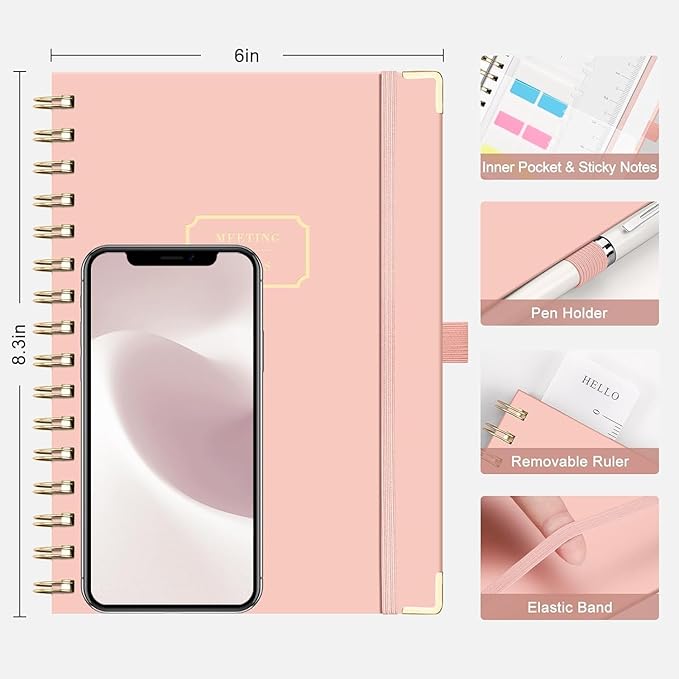 EMSHOI Meeting Notebook for Work - A5 Half Meeting Half Note Planner, 140 Pages, 100GSM Thick Paper, Hardcover, Project Organizer for Women Men Office, Business, Note Taking, 6"x8.3" - Pink
