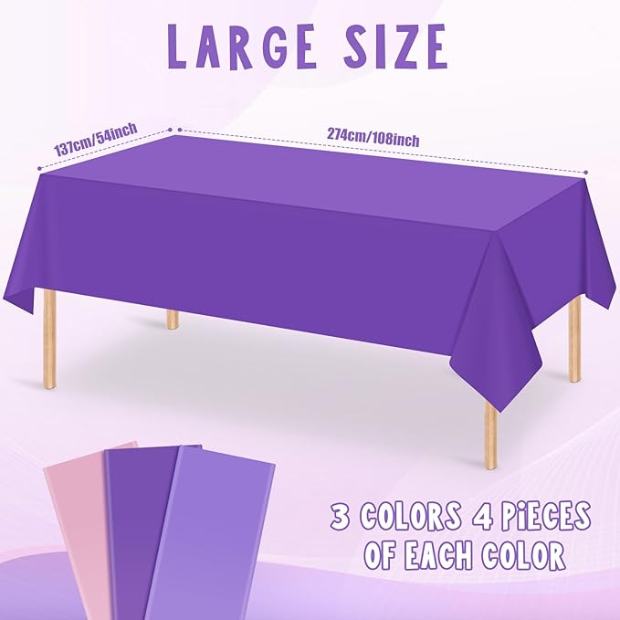 MASHAN 12pcs Assorted Color Purple Pink Tablecloths Disposable Plastic Table Cloth Rectangle Table Covers for Lavender Butterfly Theme Party Birthday Wedding Picnic Home Party Decoration,108 * 54inch