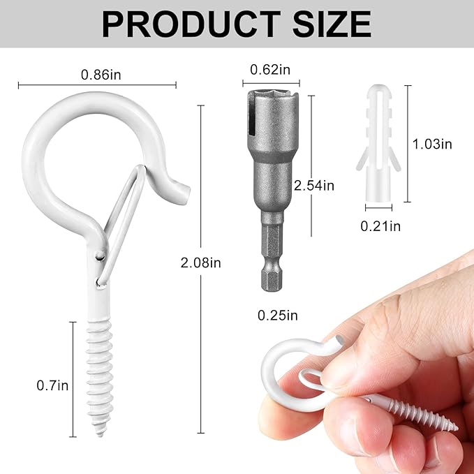 100 Pcs Screw-in Hooks for Outdoor String Lights, Q Hangers Hooks for Outside, Swivel Hanging Basket Patio Hook with Safe Buckle, Screw in Plant Eye Hook for Wall Ceiling with 1 Wing Nut Driver, White