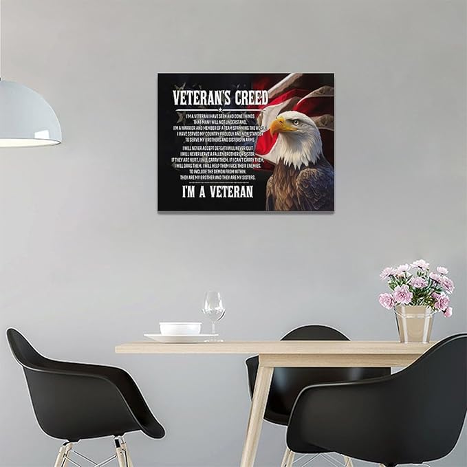 Veteran Wall Art Patriotic Pictures Wall Decor Military Canvas Prints Veterans Day Decorations Painting Framed Bald Eagle Artwork Office Home Man Cave Decor For Bathroom Bedroom Living Room 16"x12"