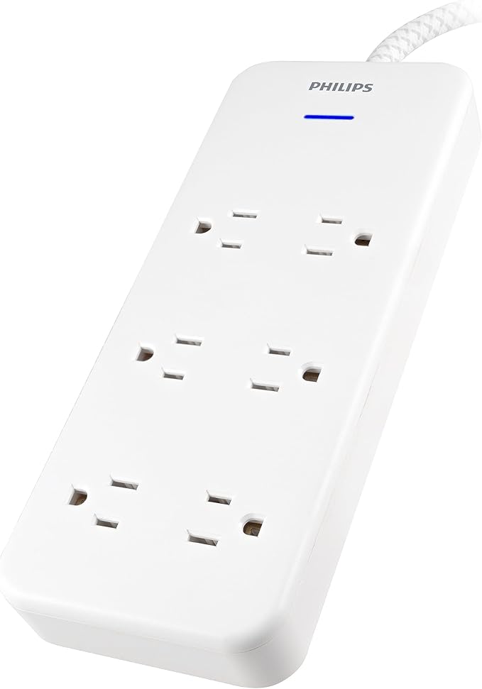 Philips 6-Outlet Surge Protector with Multiple Outlets, 8 Ft, Braided Cord,1080 Joules, Adapter-Spaced, White, SPC6066WB/37