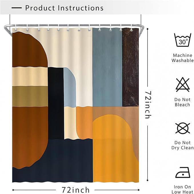 Brown Mid Century Shower Curtain, Abstract Geometric Modern Pattern, Navy Blue and Yellow Boho Bathroom Decor, Retro Art Waterproof Fabric Bath with Hooks, 84x70 Inch