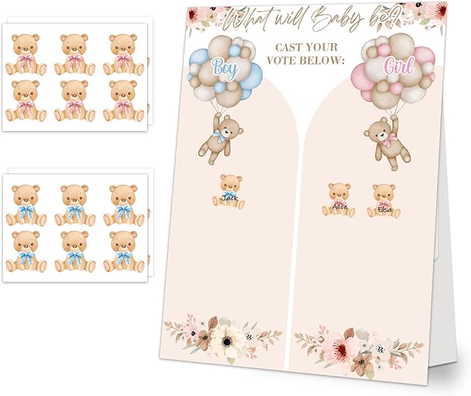 Gender Reveal Games Bear Gender Reveal Decorations Gender Reveal Ideas 48 PCs Little Bear Stickers Boy or Girl Games Party Supplies for Gender Reveal Voting Use Gender Reveal Decor